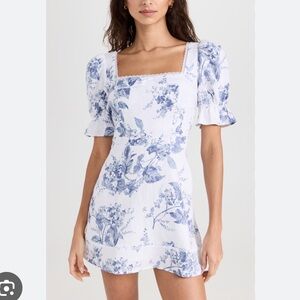 Reformation evianna mini linen dress white and blue lupine pattern size 8